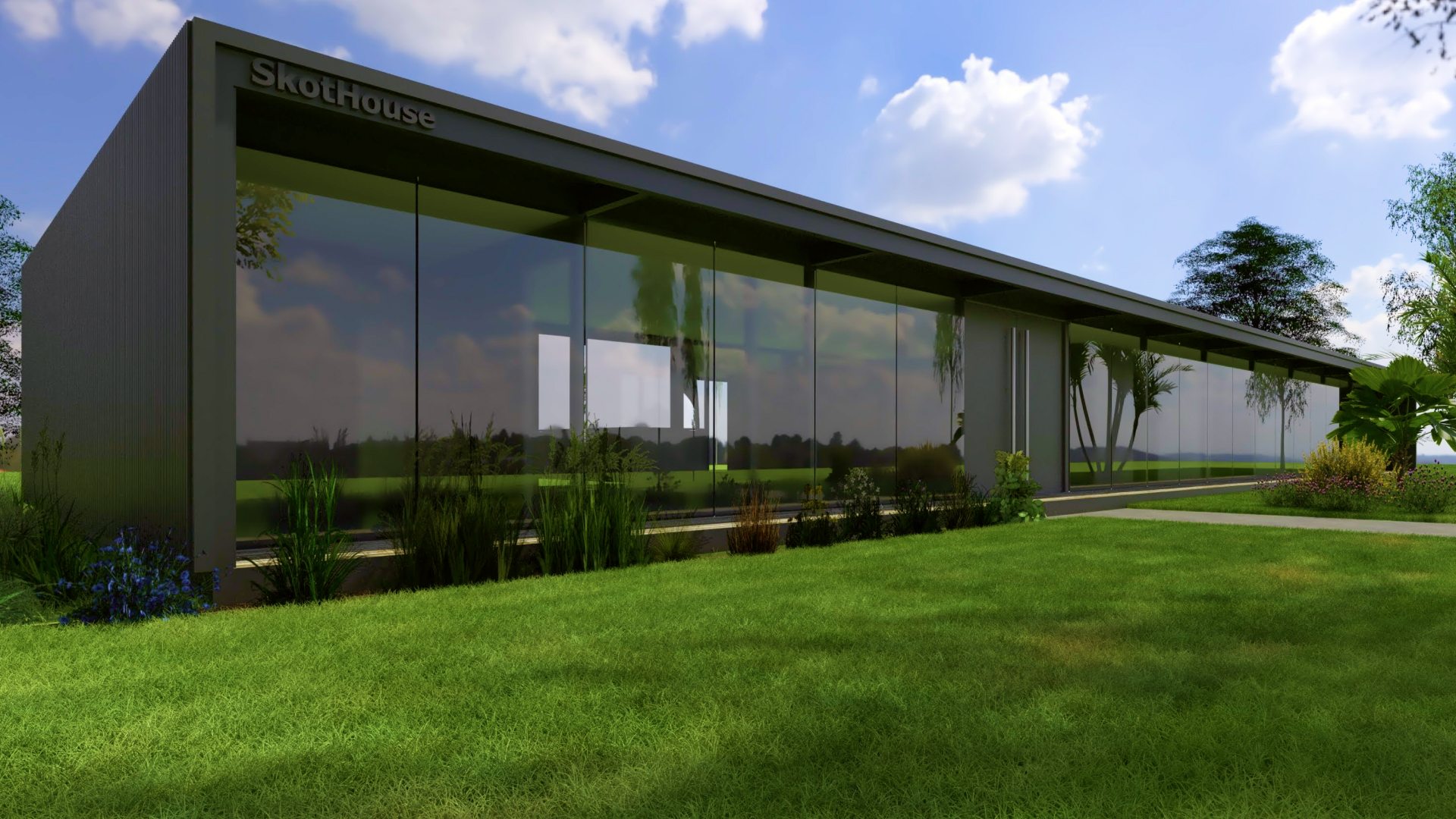 Casa industrializada premium SkotHouse con fachada de cristal